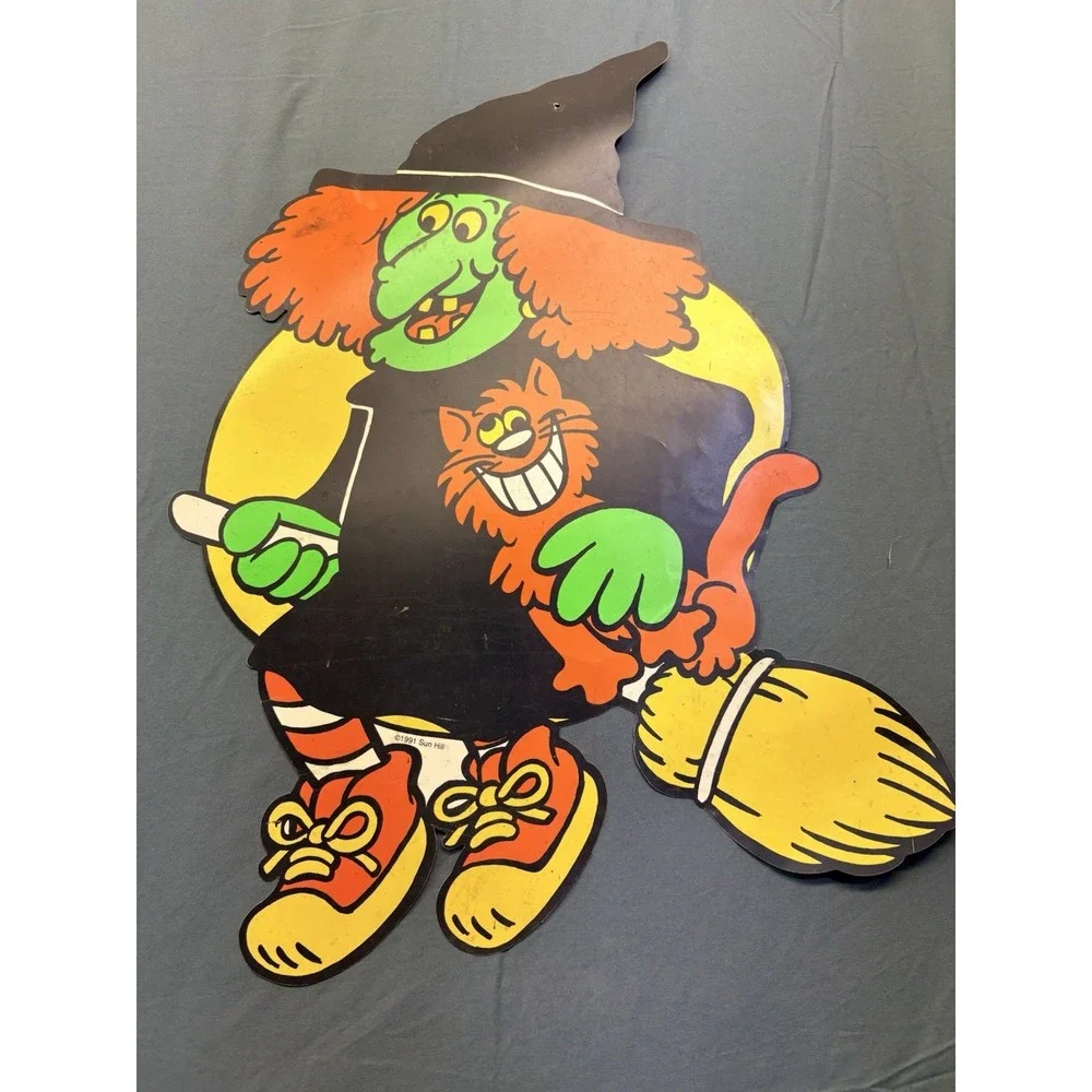 Vintage Halloween Neon WITCH Cat 90's Diecut Decoration Party Retro Y2K